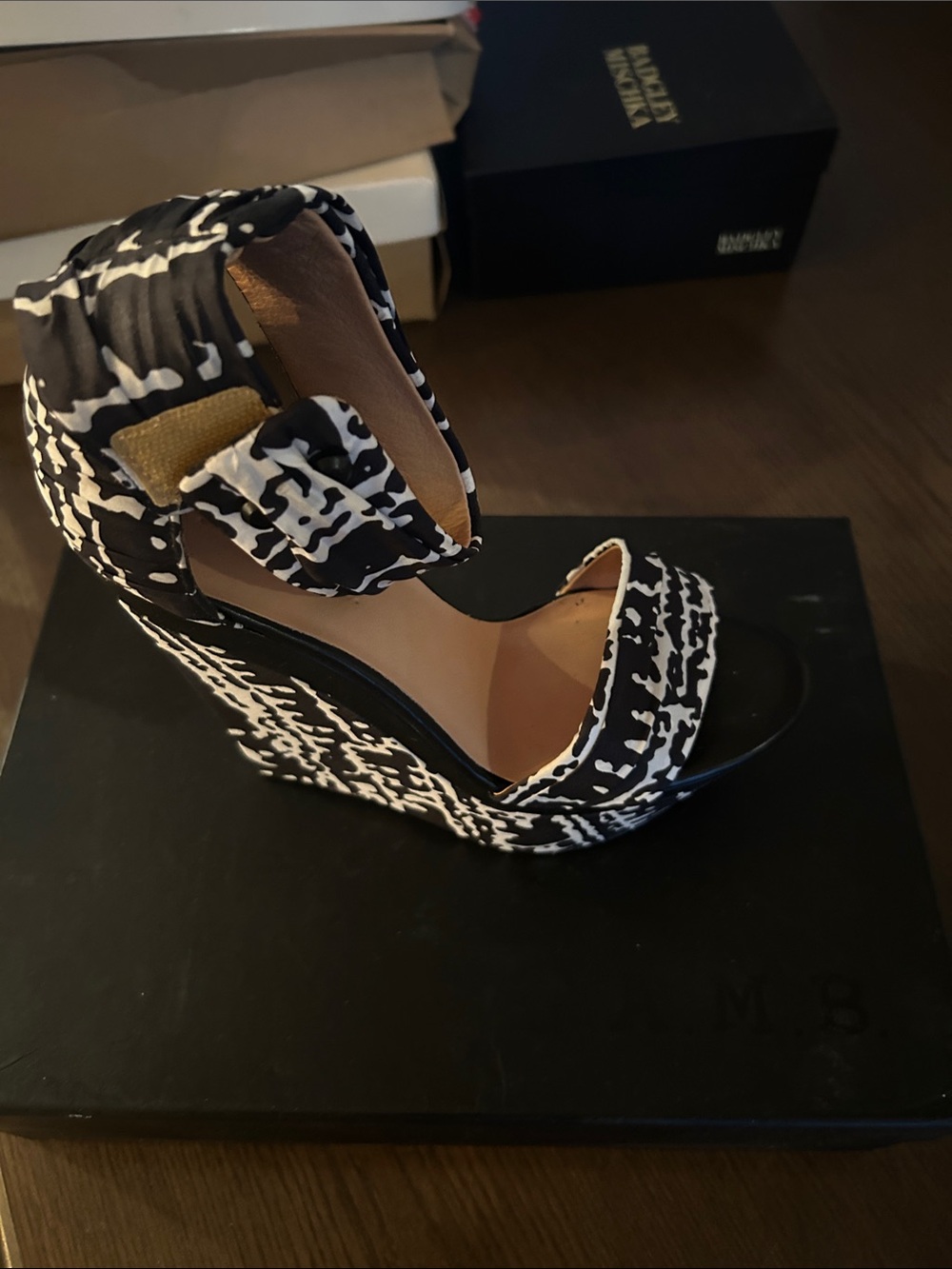 L.A.M.B. Black and White Pattern Print Wedge Sandals